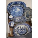 Late 19th C blue and white transfer printed plate, decorated with a junk and pagoda, similar oval