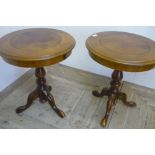 Pair of walnut circular occasional tables on turned column and three out-splayed supports (