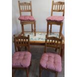 Modern pine rectangular kitchen table with inset tiles, with a set of four rush seated chairs with