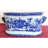 Blue and white transfer printed oval two handled foot bath (7cm wide)