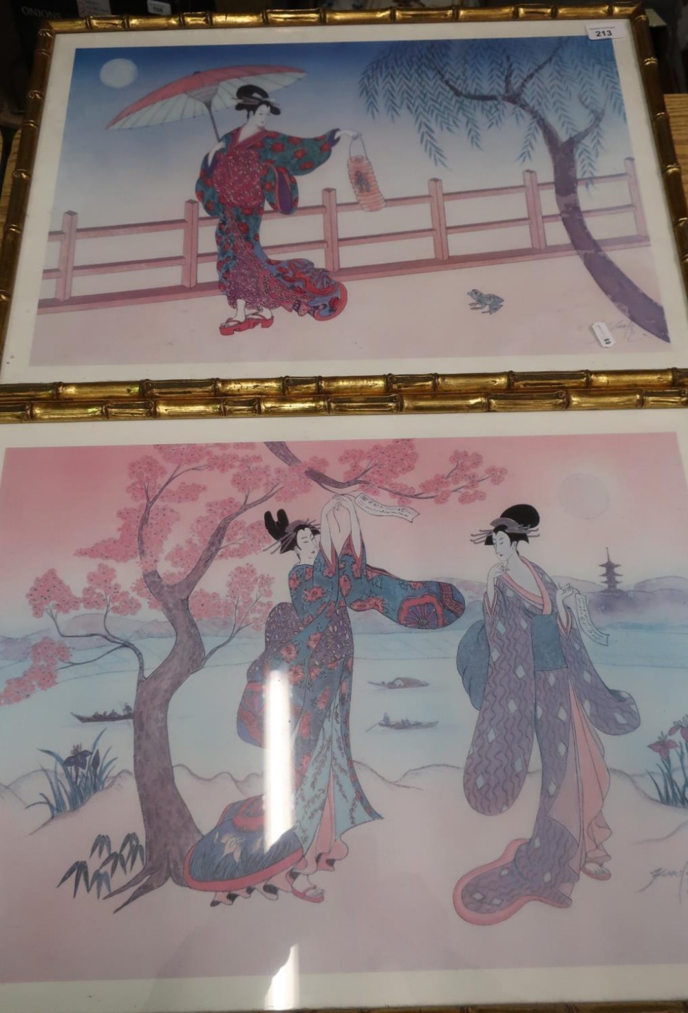 Set of six oriental prints, in simulated gilt bamboo frames (62cm x 44.5cm)