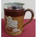 Victorian Royal Doulton hunting mug, relief decorated with tavern figures and running stag,
