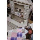 Dolls wooden shop counter with drawers labelled Mushrooms, flour etc, with two sets of shop