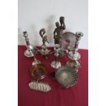 Pair of EPNS candlesticks (one lacking sconce), silver plated three branch candelabra, toast rack,