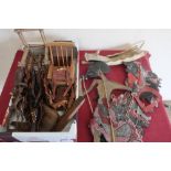 Two Indonesian shadow puppets, brass bound spirit level, decorative wooden items, deer horn etc