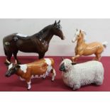 Beswick Animals: Ayrshire cow Ickham Bessie, Palamino, gloss Pony, long haired Sheep (4)