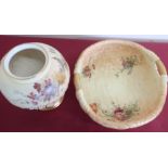 Royal Worcester basket weave circular two handled bowl, painted with sprays of garden flowers on