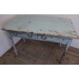 Late Victorian painted pine two drawer side table on turned supports (112cm x 59cm x 76cm)