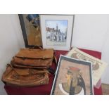 Two light tan leather satchels and a small collection of prints, Middle Eastern, Papyrus pictures