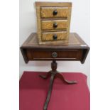 Reproduction mahogany drop-leaf sofa table with single frieze drawer, on turned column and three