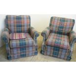 Pair of modern upholstered checked fabric armchairs