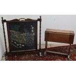 Oak coffee table with swivel drop leaf top, and an oak framed needlework fire screen (2)