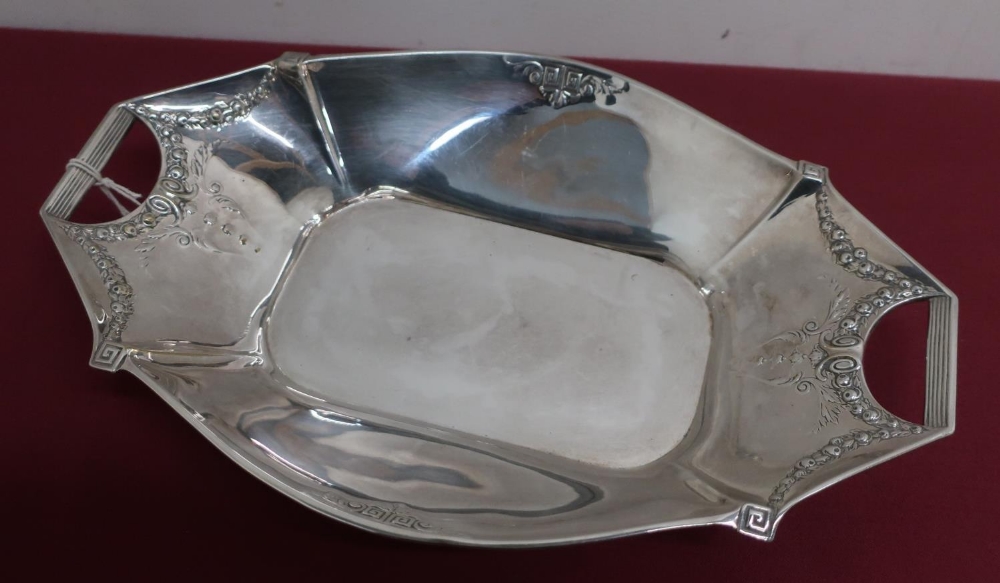 Early 20th C German silver plated Secessionist style shaped oval bread basket, stamped AG KOLN