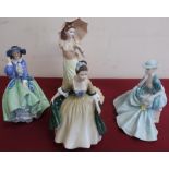 Two Royal Doulton figures "Top O'The Hill" HN1833, another "Elegance" 2264, two Coalport Ladies of
