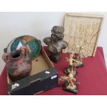 Bronzed female bust "Atala", three Italian figures on marble plinths, antiquity type wall plaque and