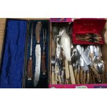 20th C three piece cased carving set with antler handles, Kings Pattern silver plated cutlery,