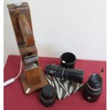 19th C beech jack plane, converted to a table lamp, various screwfit camera lenses