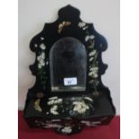 Edwardian lacquer wall tidy with bevelled arch mirror plate, painted with flowers (32cm x 25cm)
