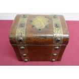 Late Victorian oak correspondence box, brass strap work & cartouche decorated with cabachon, with