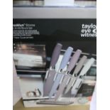 Boxed as new Taylor's Eye Witness Brooklyn Stone knife block set, a saucepan divider set and small