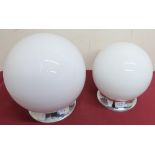 Graduating pair of white globular ceiling lights with chromed metal fittings (2)