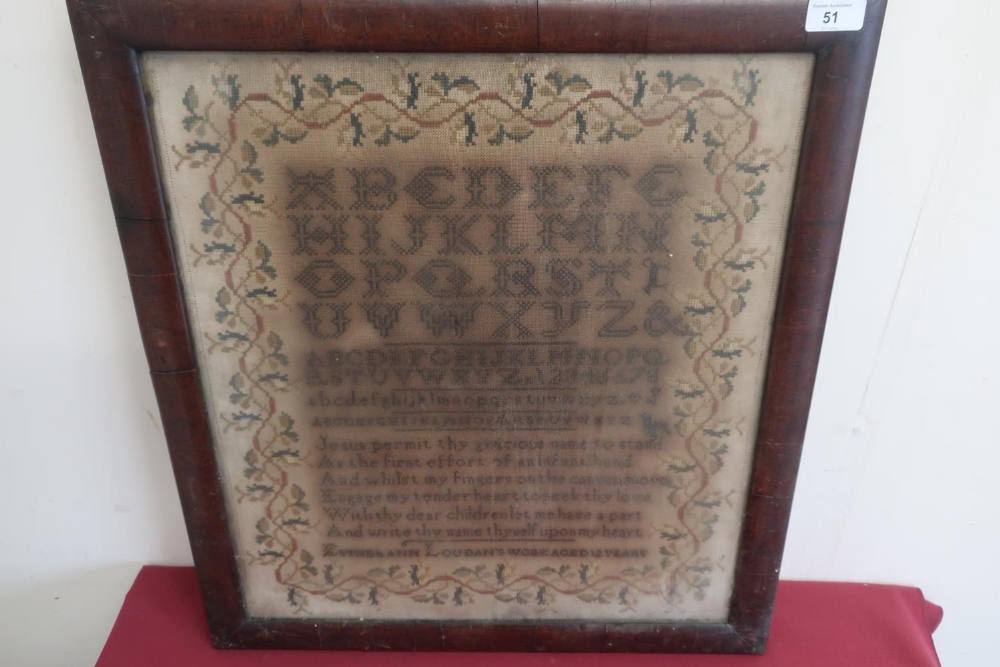 Late Victorian needlework sampler by Esther Anne Loudan in rosewood frame (49cm x 55cm)