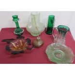 Victorian green glass vase with clear frilled handles, a green glass vase with clear frills, a