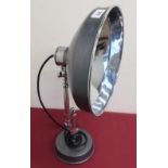 Industrial brushed metal lamp on chromed metal adjustable stand and circular base, (H50cm)