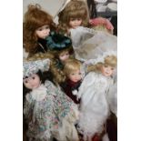 Collection of bisque head fashion and character dolls including a bride (9)