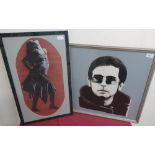 Monochrome watercolour depicting Elton John, signed John, June '72, and a pastel full length