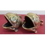 Pair of Chinese bronze spoon warmers in the form of opened mouthed fish (7cm high)