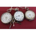 Three silver fob watches, all with white enamel dials, variously stamped (3)