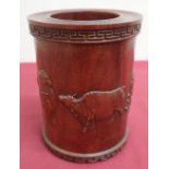 Chinese hardwood cylindrical brush pot, relief carved with cattle and character marks, within a