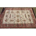 20th C Madras traditional pattern cream and red ground rug (290cm x 200cm)