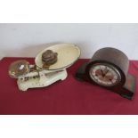 Smith's oak cased striking mantel clock, oak case with floating balance, enameled pair of kitchen