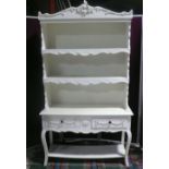 White painted dresser with two tier raised back with carved detail, above two drawers to the base