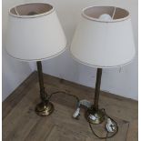 Pair of modern brushed metal column table lamps with shades (H65cm)