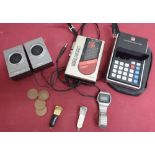 Sony Walkman portable cassette player WM-24, Sharpe Electronic Calculator, and a pair of Ross RE4100