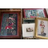 Three framed needlework panels and a gilt framed bevelled edged mirror etc