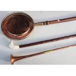 Shepard's crooks style walking stick with carved animals head, copper bed warming pan with turned