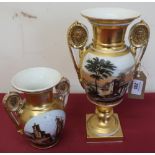 Pair of 19th C Dresden style ornamental vases of classical form, extensively gilded hand painted