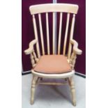 Beech farmhouse style slat back armchair, on double H shaped understretcher, and turned supports