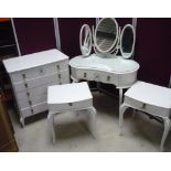 Cream and gilt kidney shaped dressing table with triple mirror, a pair of single drawer bedside