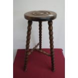 20th C beech high seat stool with circular turned top on bobbin legs, with T shaped bobbin