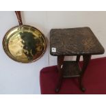 Eastern hardwood two tier occasional table with carved top under tier, on scroll legs (height 44.