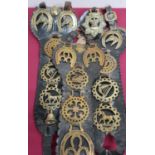 Collection of fifteen Victorian horse brasses on three leather straps, stamped T Hood, Maker -