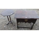 George III oak side table, with moulded top above single drawer with shaped frieze, on baluster