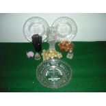 White fire style beaker, orange carnival glass, bonbon dish, a cut glass perfume bottle with