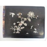Japanese photograph album with painted interior pages and Mother of Pearl inlaid cover,