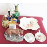 Collection of vases including two marked T.F and S.L England, Royal Crown Derby plate and bowl,